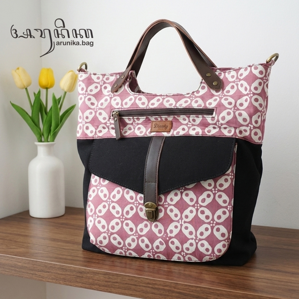 Tas Tote Wanita Batik Kawung Kanvas Kulit Sapi Asli | Tas Selempang Etnik Bellmono