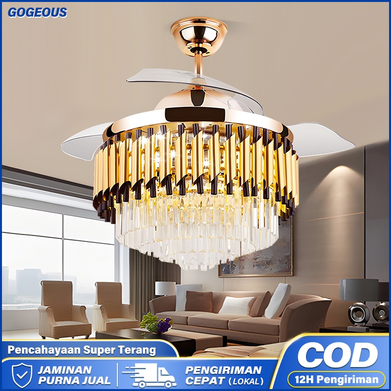 COD Lampu Gantung Kipas Kristal 2IN1 Mewah 72W Lampu Gantung Ruang Tamu Ruang Makan Lampu Kipas