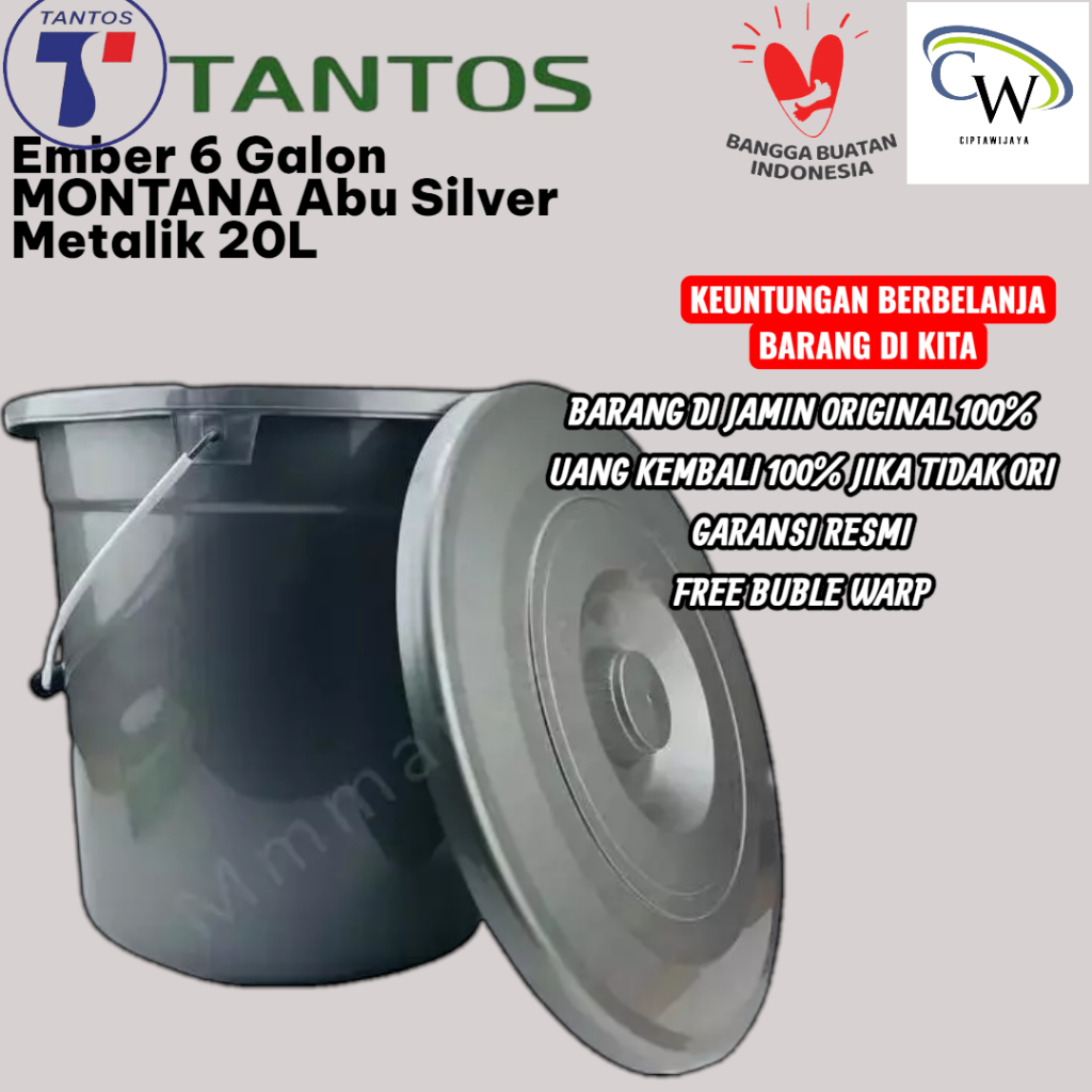 TANTOS Ember 6 Galon MONTANA Abu Silver Metalik Tutup Plastik Gagang Tenteng Timba Air 20 Liter