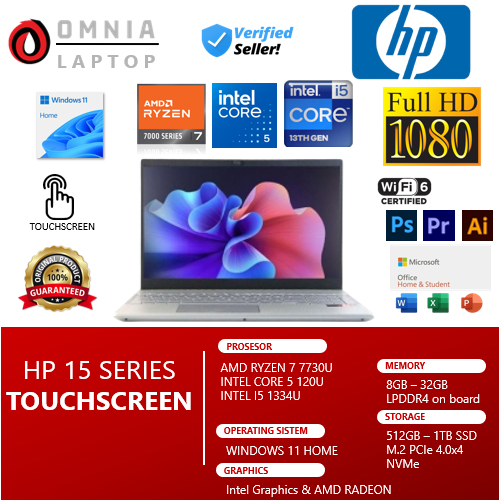 Pomo Laptop Touchscreen HP 15 Series AMD RYZEN 7 GEN7 INTEL CORE 5 INTEL CORE I5 GEN13 32GB 1TB SSD 