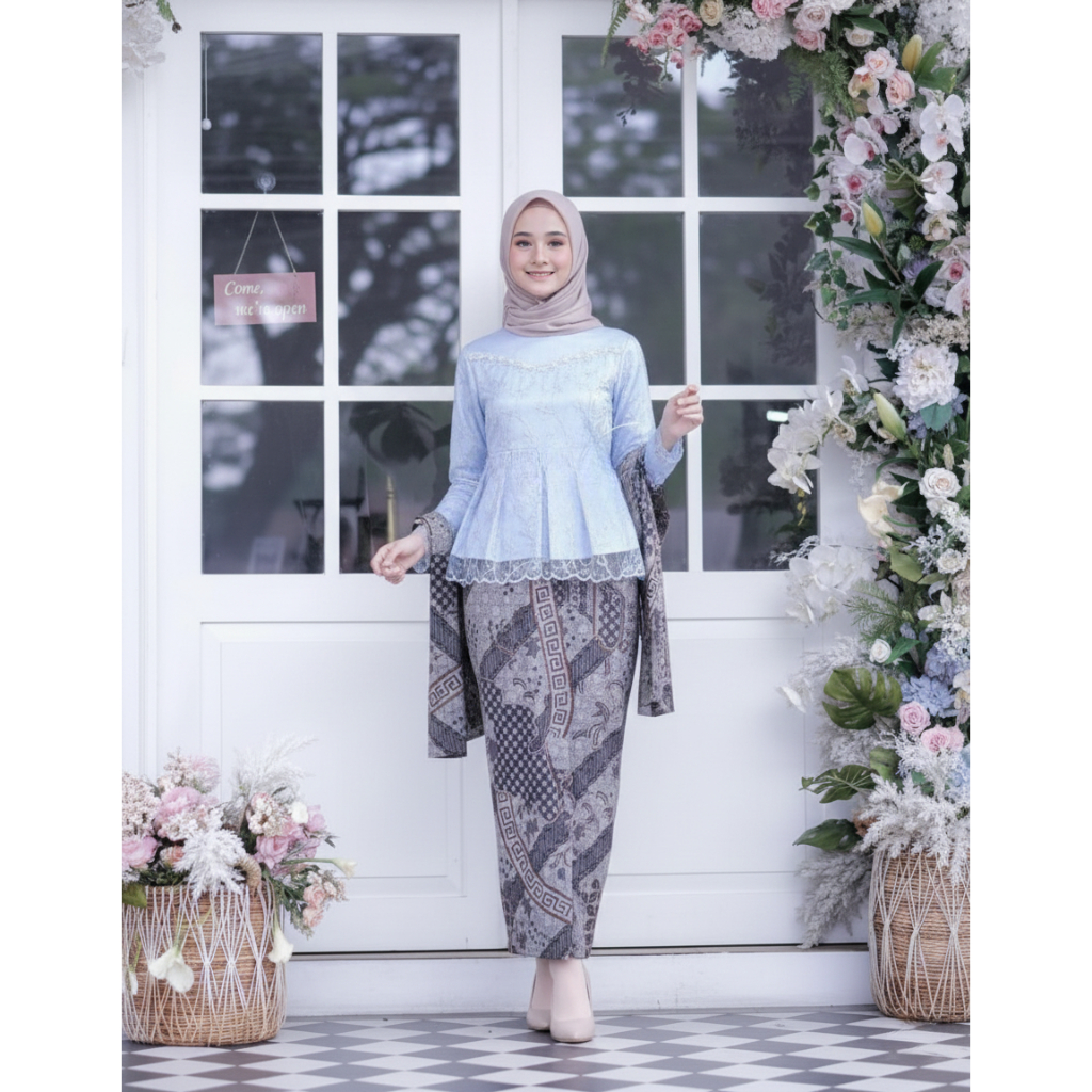 [Ada Jumbo] Set Kebaya Balqees Couple Brokat Crop Mayung Mote V Jahit Tangan Kekinian Fashion Muslim
