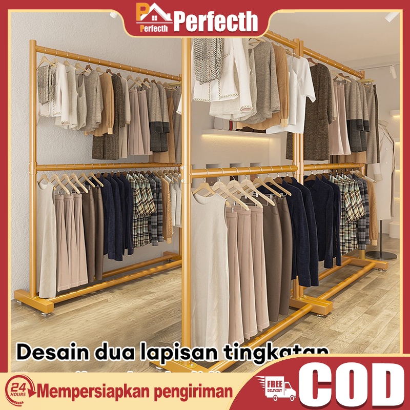 COD Rak Baju Gantung Besi 2 Tingkat Gantungan Baju Berdiri Besi Kuat Gawangan Baju Besi 150x200CM