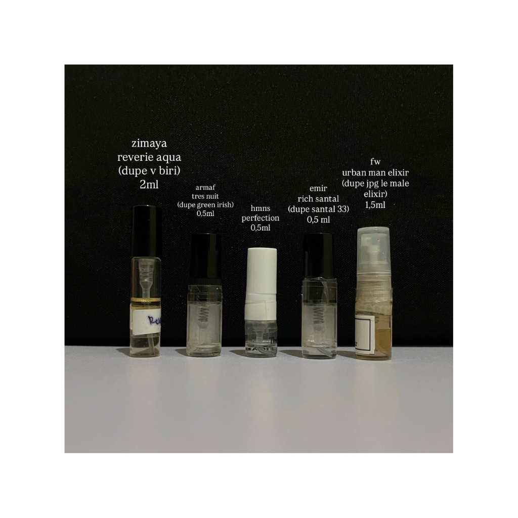 (Preloved 5 Decant) FW Urban Man Elixir, Zimaya Reveria Aqua, HMNS The Perfection, Emir Rich Santal,