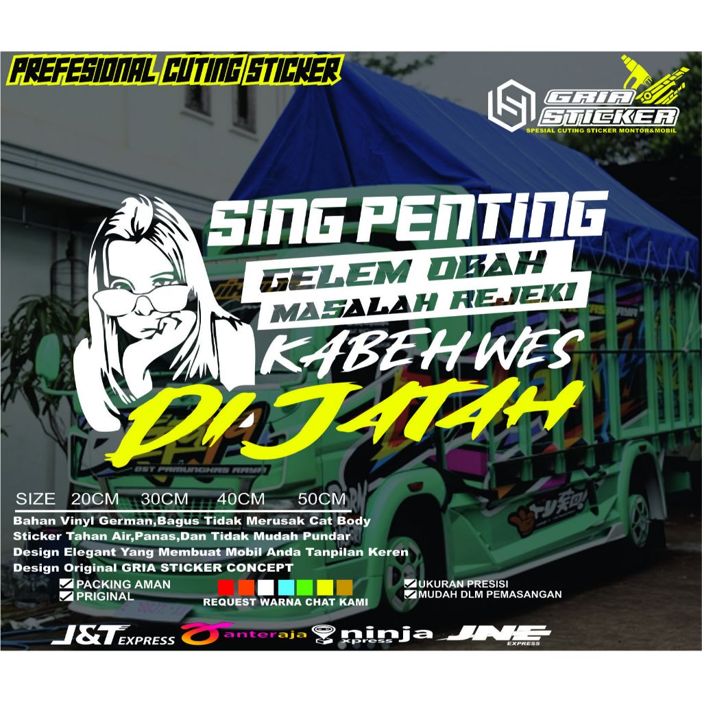 sticker kaca truck pickup mobil gambar tulisan seng penting gelem obah masalah rezeki kabeh wes di j
