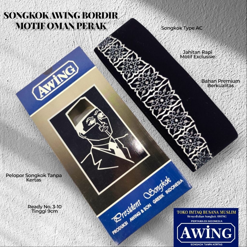 Songkok Awing Bordir Oman Peci Hitam Kopyah Awing Original