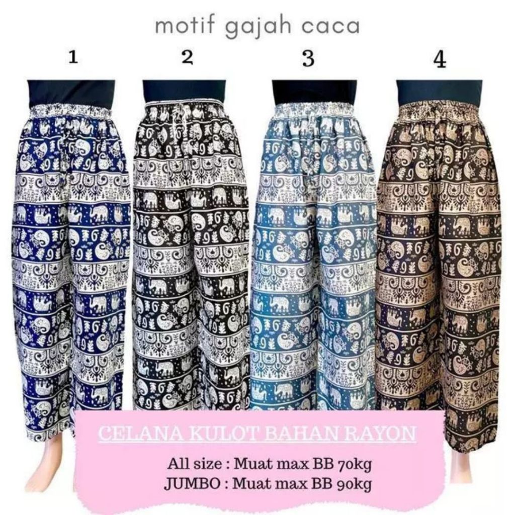 Trending kekinian celana kulot panjang rayon  MOTIF GAJAH  BALI {kulot Import rayon}
