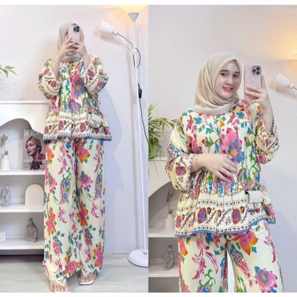 Setelan Kulot Wanita Motif Etnik Lengan Panjang Baju Santai Modis Hijab Set Atasan Bawahan wanita