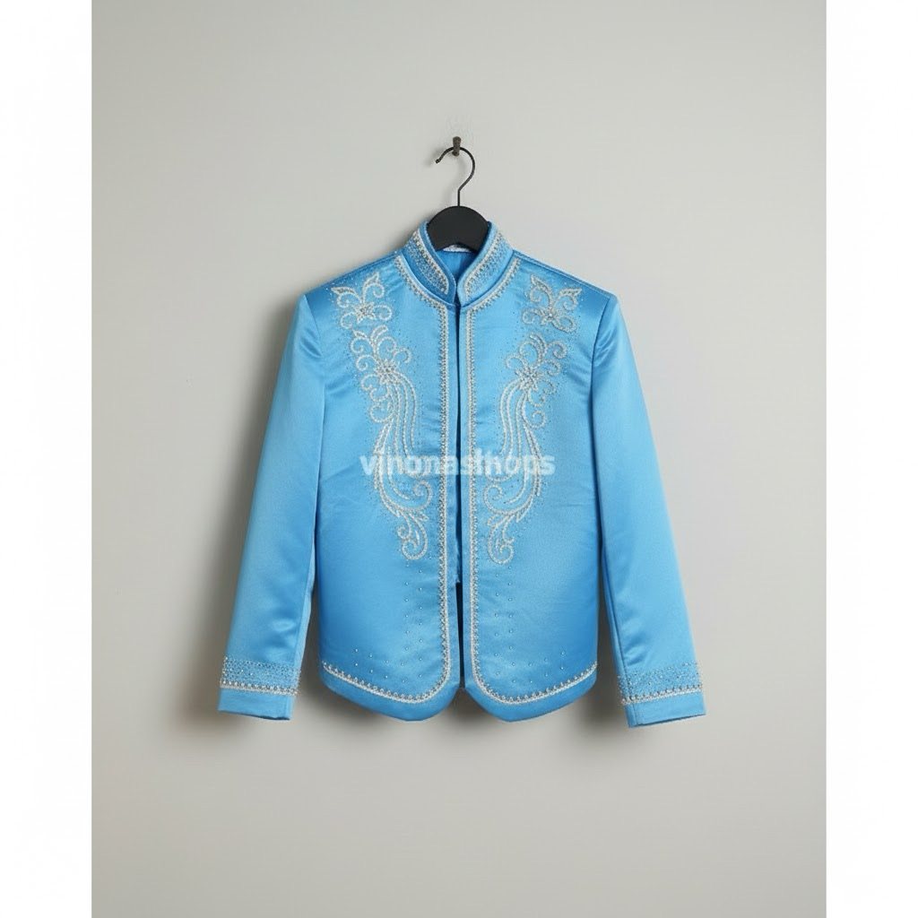 [Pre-Order] Beskap Pengantin Jawa Biru Denim / Beskap Jawa Solo Hewes Bahan Bridal