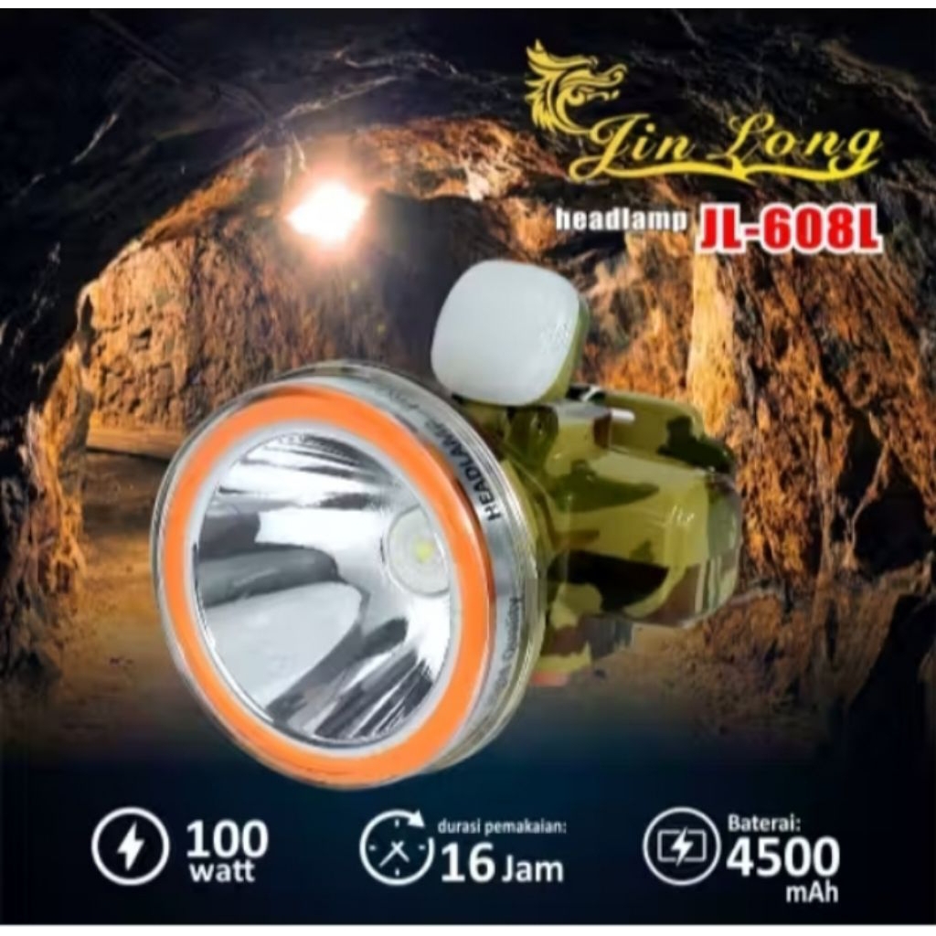 jl-608 senter kepala waterproof cahaya putih senter kepala jinlong 100watt anti air hujan super tera