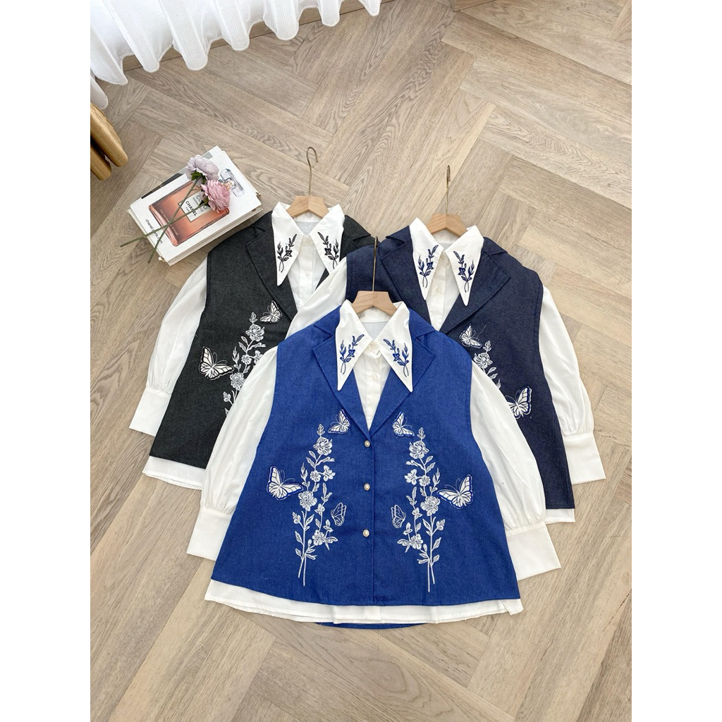 KEMEJA SET VEST DENIM BIRU