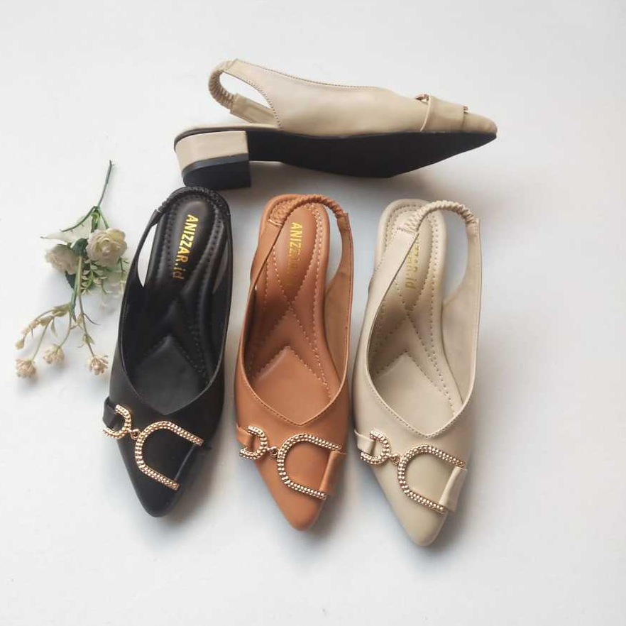 ANIZZAR Aurel Sepatu Slingback Wanita Hak Tahu Rendah Gesper Rantai Kristal Mewah Heels Pesta Kondan