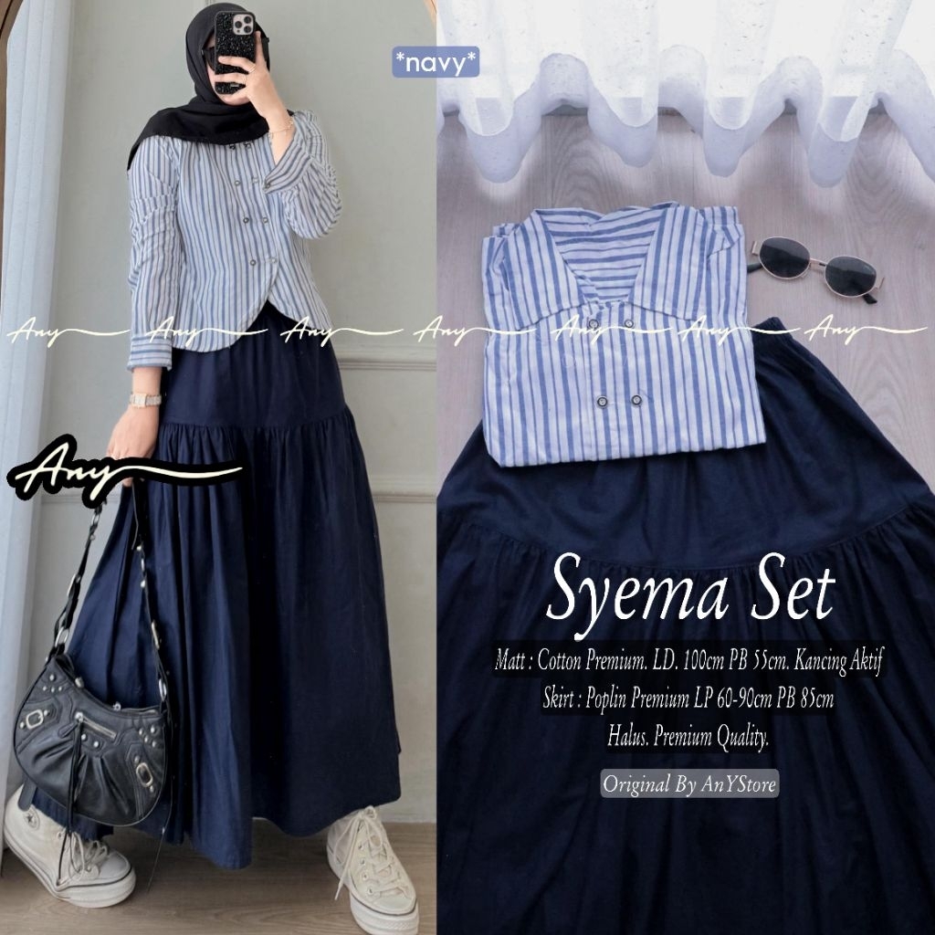 syema one set rok jeans by A.N.Y kemeja stripe wanita baju blouse garis garis rok panjang jeans keme