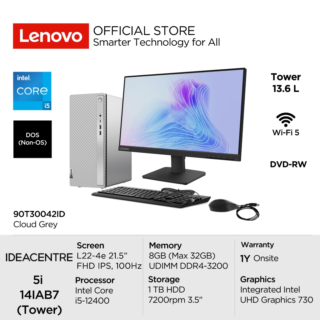 Lenovo PC IdeaCentre 5i 14IAB7 42ID Intel Core i5-12400 DOS 8GB 1TB HDD Integrated Intel UHD 730 DVD