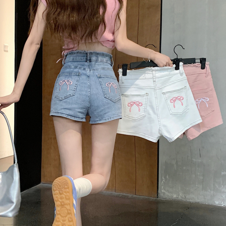 Celana Pendek Jeans Wanita Korea Bow Embroidery Slim Fit Sexy Hotpants Elegan Short Jeans Denim