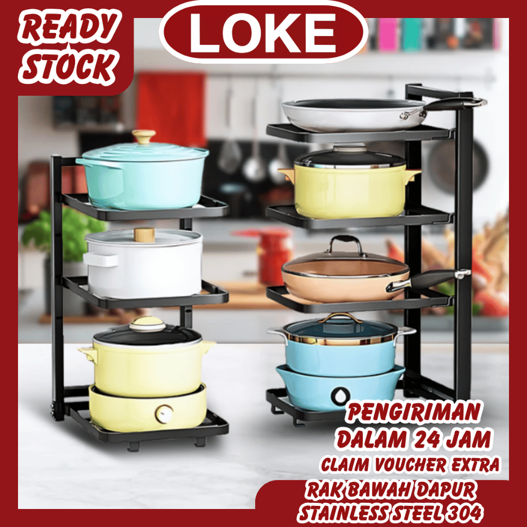 LOKE Rak Susun Bawah Wastafel Stainless Rak Peralatan Rumah Dapur Rak Serbaguna Rak Beroda