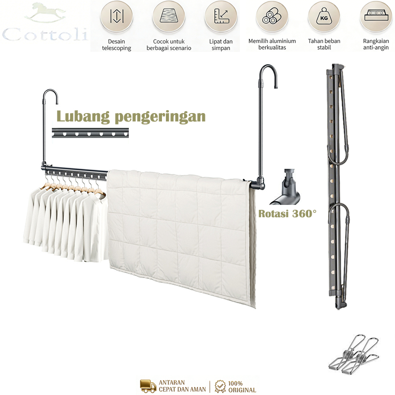 Cottoli Jemuran Baju Dinding Lipat Aluminium Jemuran Lifting Baju Stainless Hemat Tempat Tanpa Paku