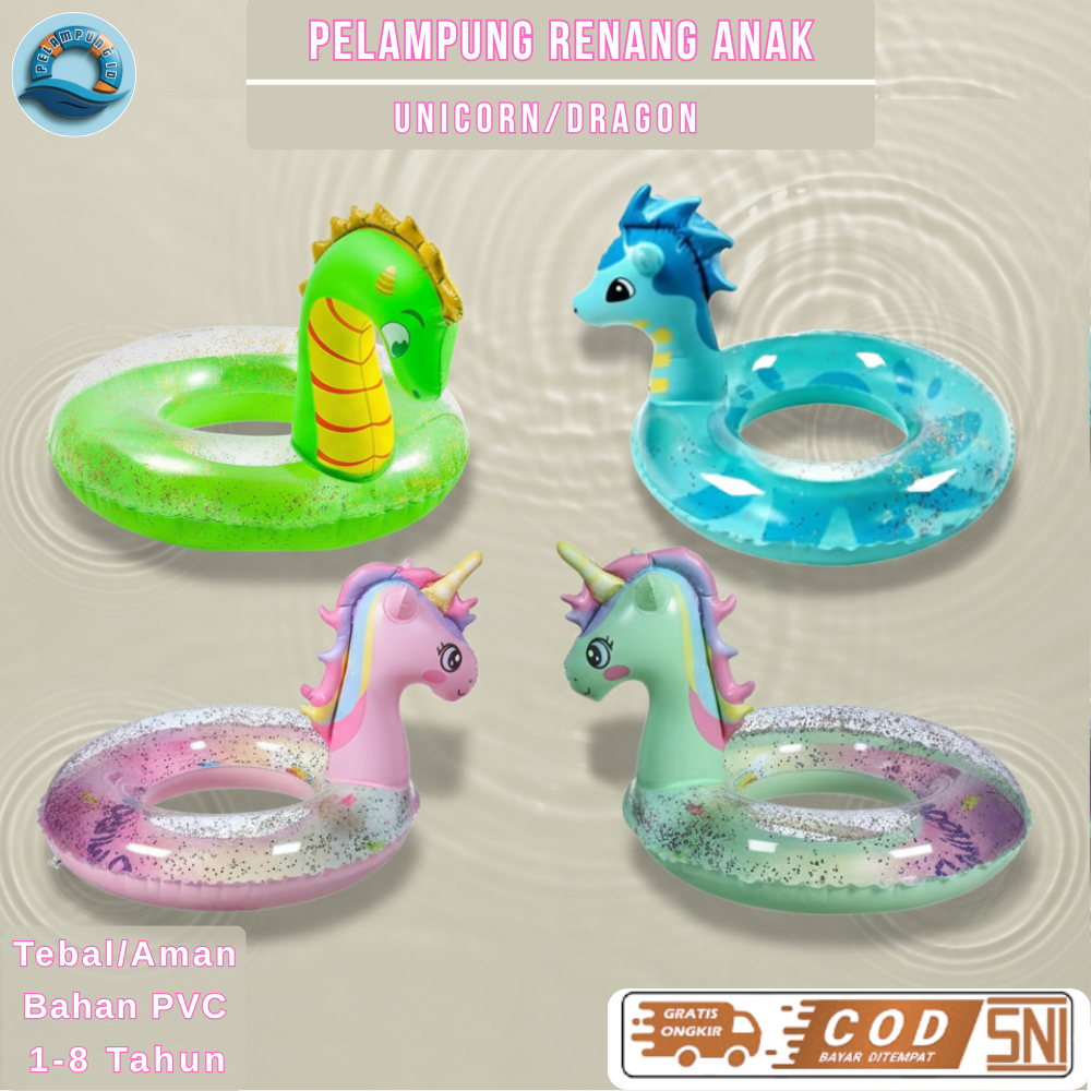 Pelampung Renang Anak Karakter Unicorn Dragon Glitter - Ban Renang PVC Tebal 1-8 Thn SNI