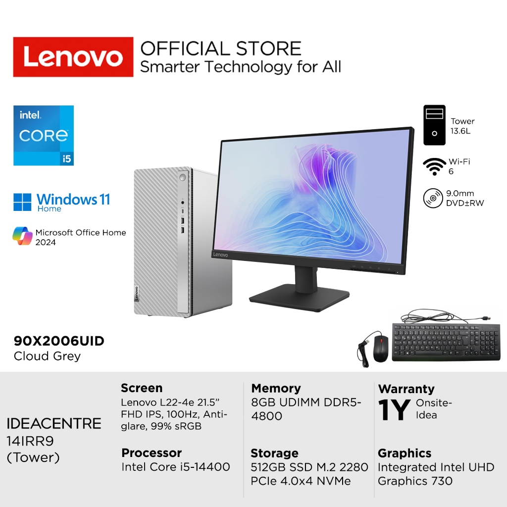 Lenovo PC IdeaCentre Tower 14IRR9 6UID Intel Core i5 14400, Win11, 8GB, 512GB SSD, Integrated Intel 
