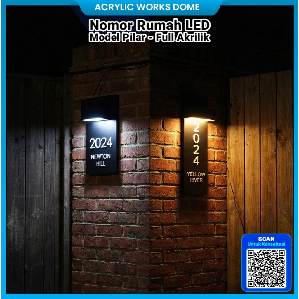Nomor Rumah Akrilik LED Model Pilar | Papan Alamat Rumah Lampu Custom Outdoor + Adaptor