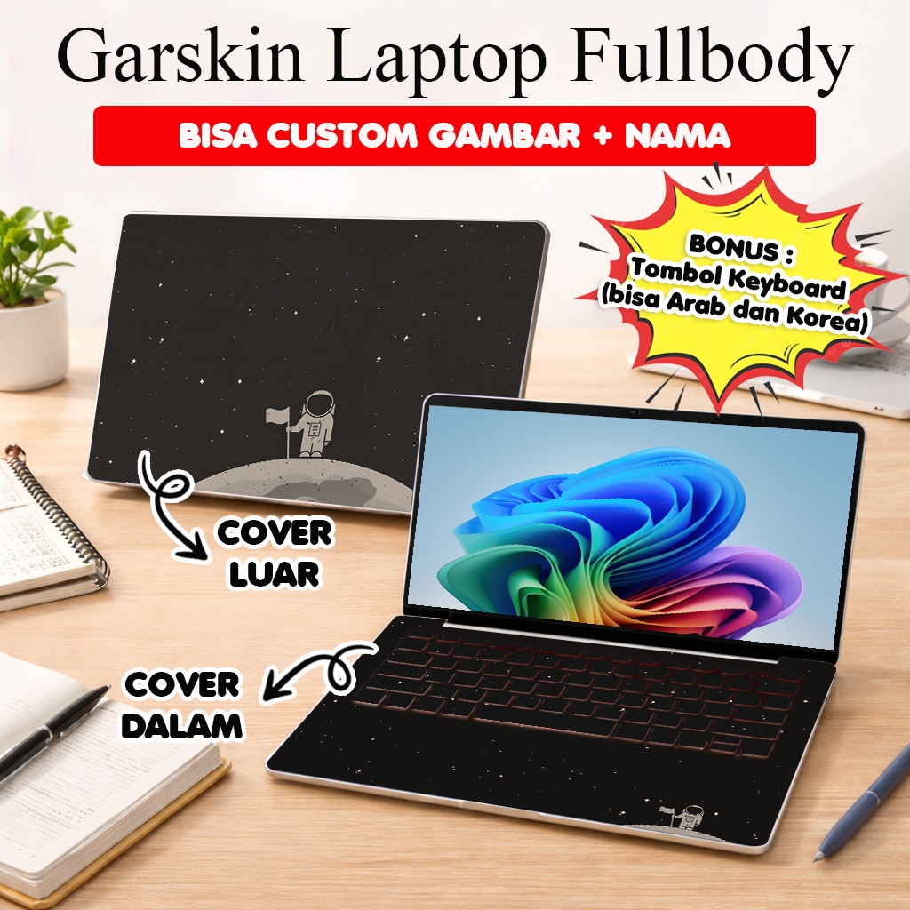 Garskin Laptop Stiker Anti Gores Full Body Planet Astronot Custom 10 12 13 14 15 inch Universal Untu