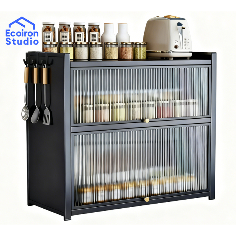 EcoIron Studio Rak Lemari Dapur Dengan Pintu Stainless Rak Piring Bumbu Microwave Oven Minimalis Kok