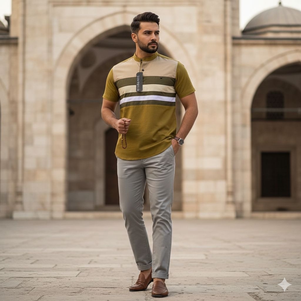 Baju Koko kurta pria Muslim lengan pendek kerah Shanghai