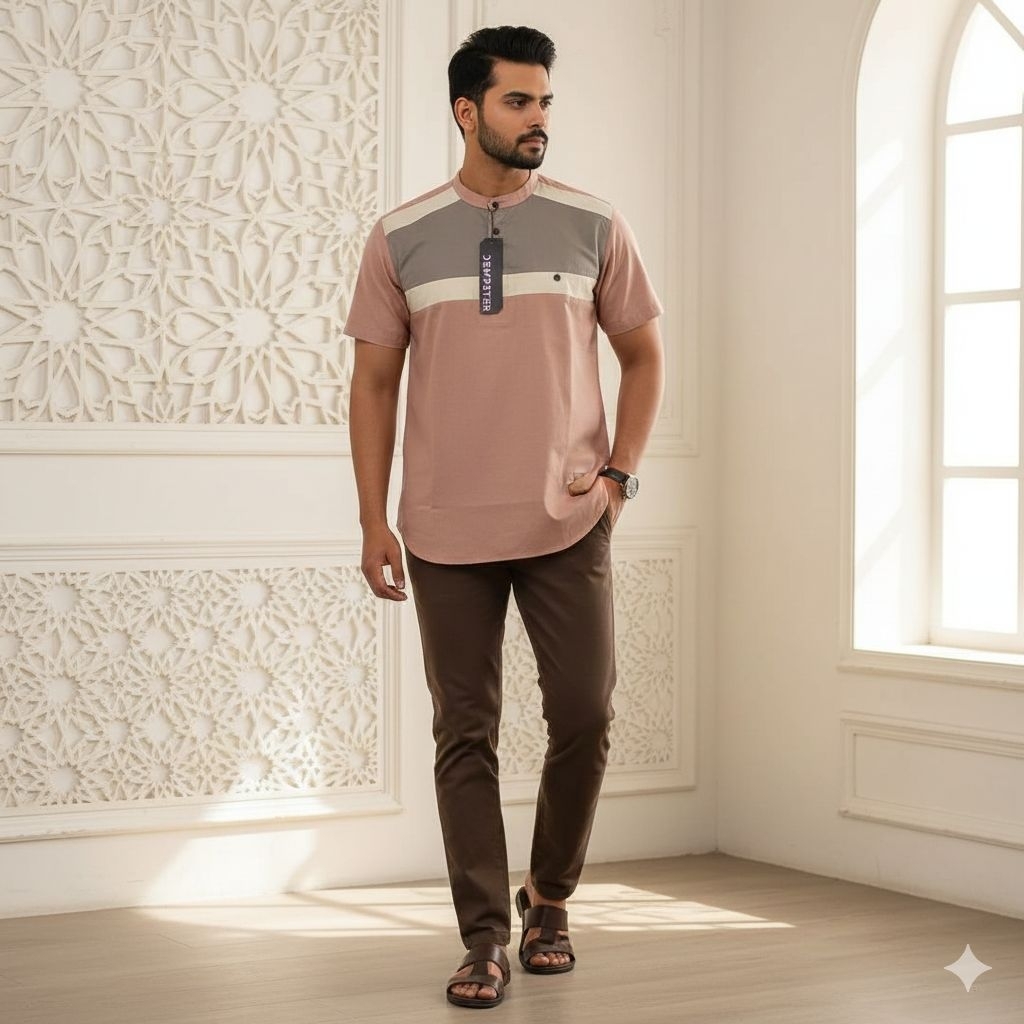 Baju Koko kurta pria Muslim lengan pendek kerah Shanghai