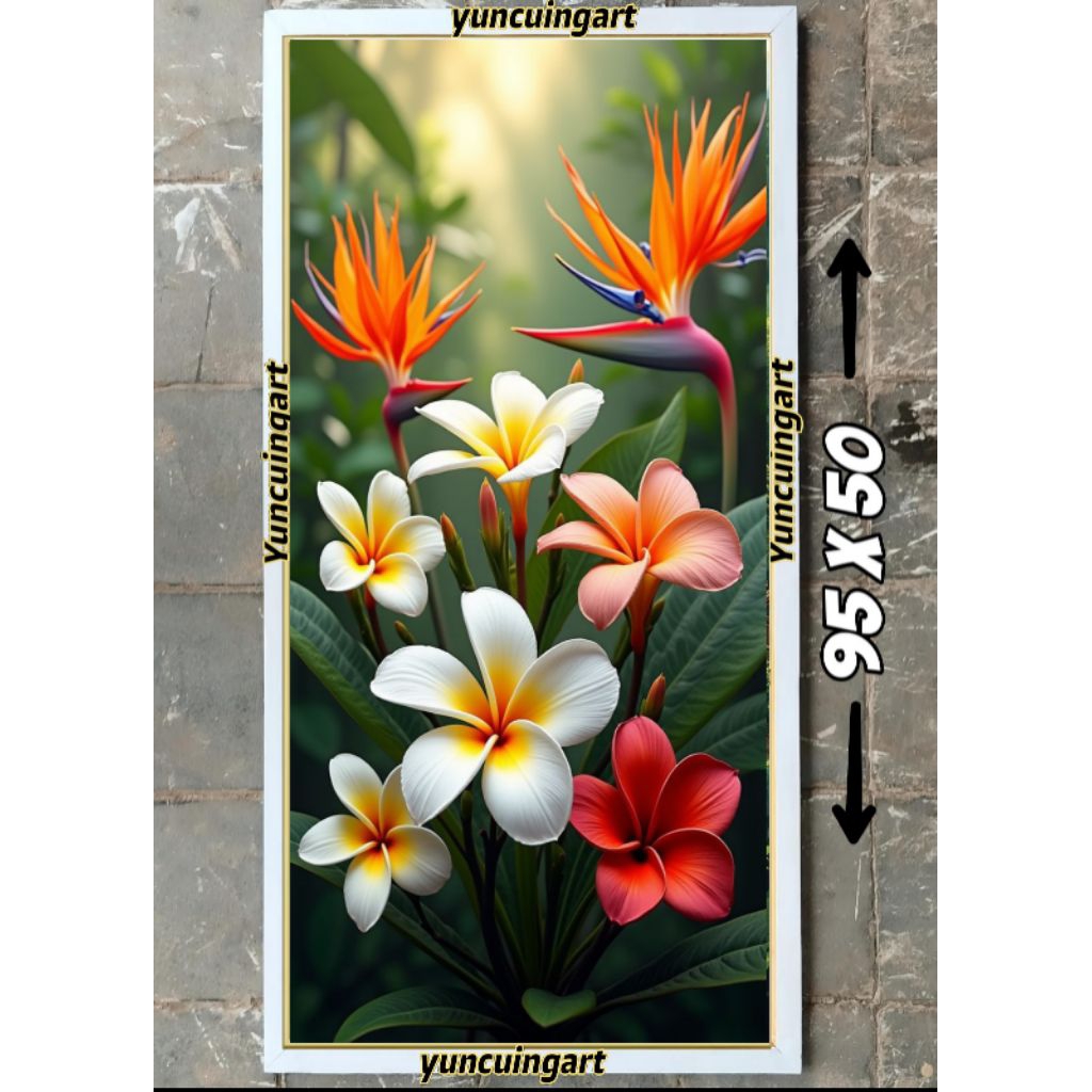 hiasan dinding lukisan cetak bunga jepun bali plus bingkai ukuran 95*50