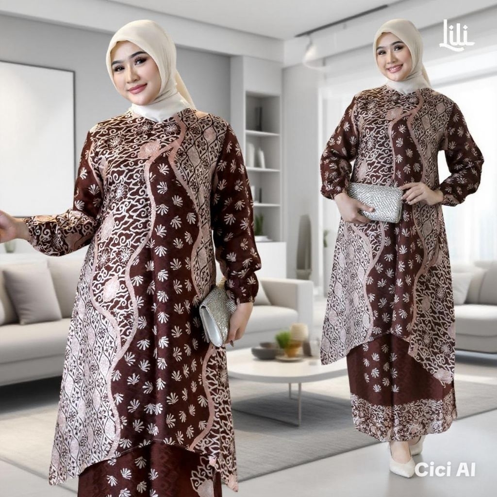(cod)ALAZZA Set batik wanita bahan dobby sutra,stelan tunik batik wanita super mewah,gamis batik sut