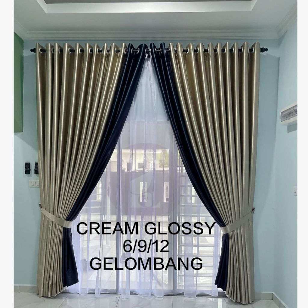 Premium Gorden Jendela Rumah CREAM GLOSSY / GOLD 6/9/12 Gelombang | Gorden Jendela Cream Minimalis |