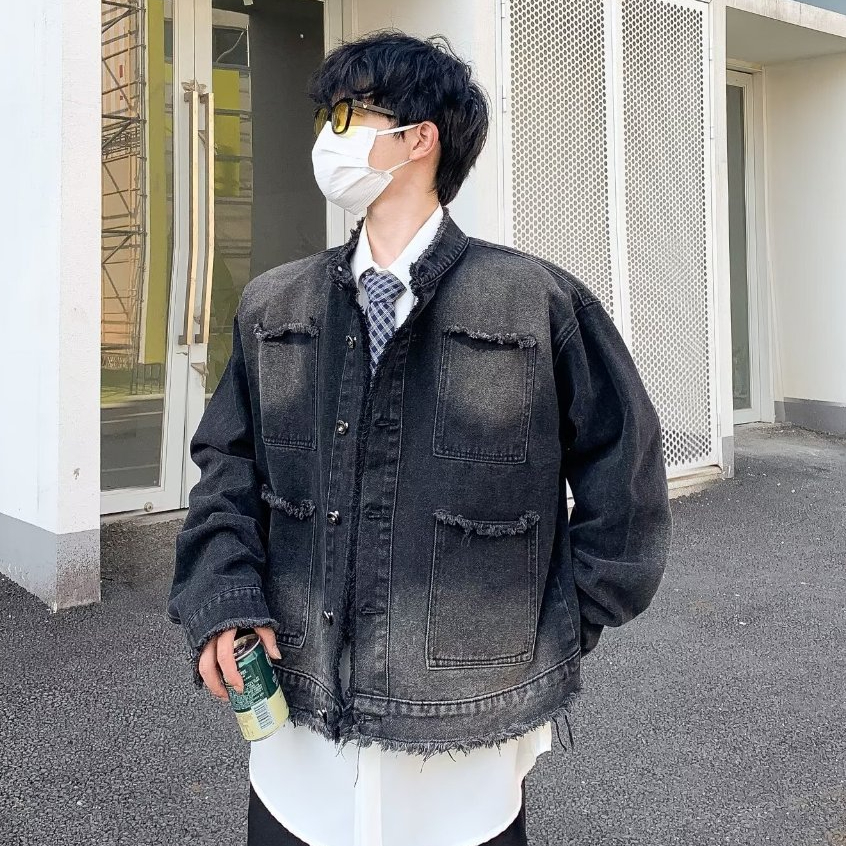 ZOMAN.CO Jaket Denim BOXY OVERSIZE Double Penutup Kancing & Resleting Hitam Scrup