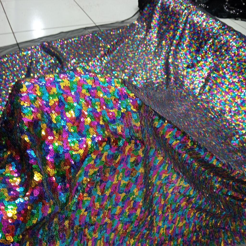 BAHAN/KAIN TILLE SEQUIN ANTIK PELANGI/SEQUIN WARNA PELANGI
