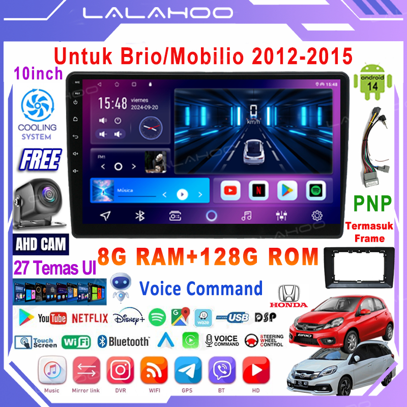 LALAHOO Untuk Brio/Mobilio 2012-2015  8G+128G Android 14 Head Unit Termasuk Frame/PNP Soket 10 Inch