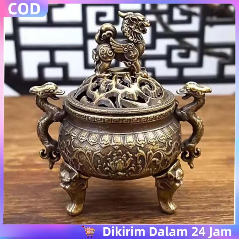 1pcs Chinese Incense Burner Berbentuk Tiga Kaki Dengan Dua Pegangan Berpenutup Tempat Bakar Dupa Sti