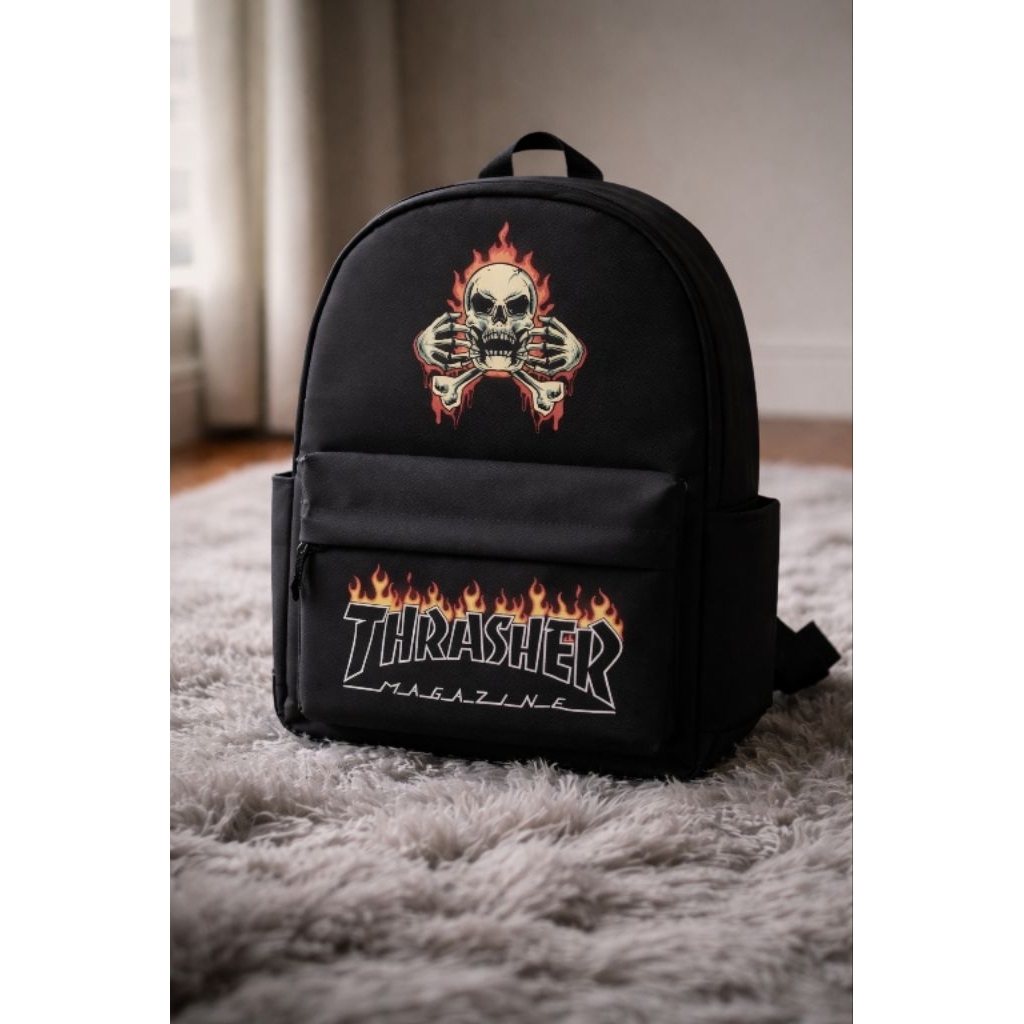 Thrasher Tas Ransel Sekolah Motif Thrasher Tas Distro Pria Wanita dengan Desain Skull Api untuk Back