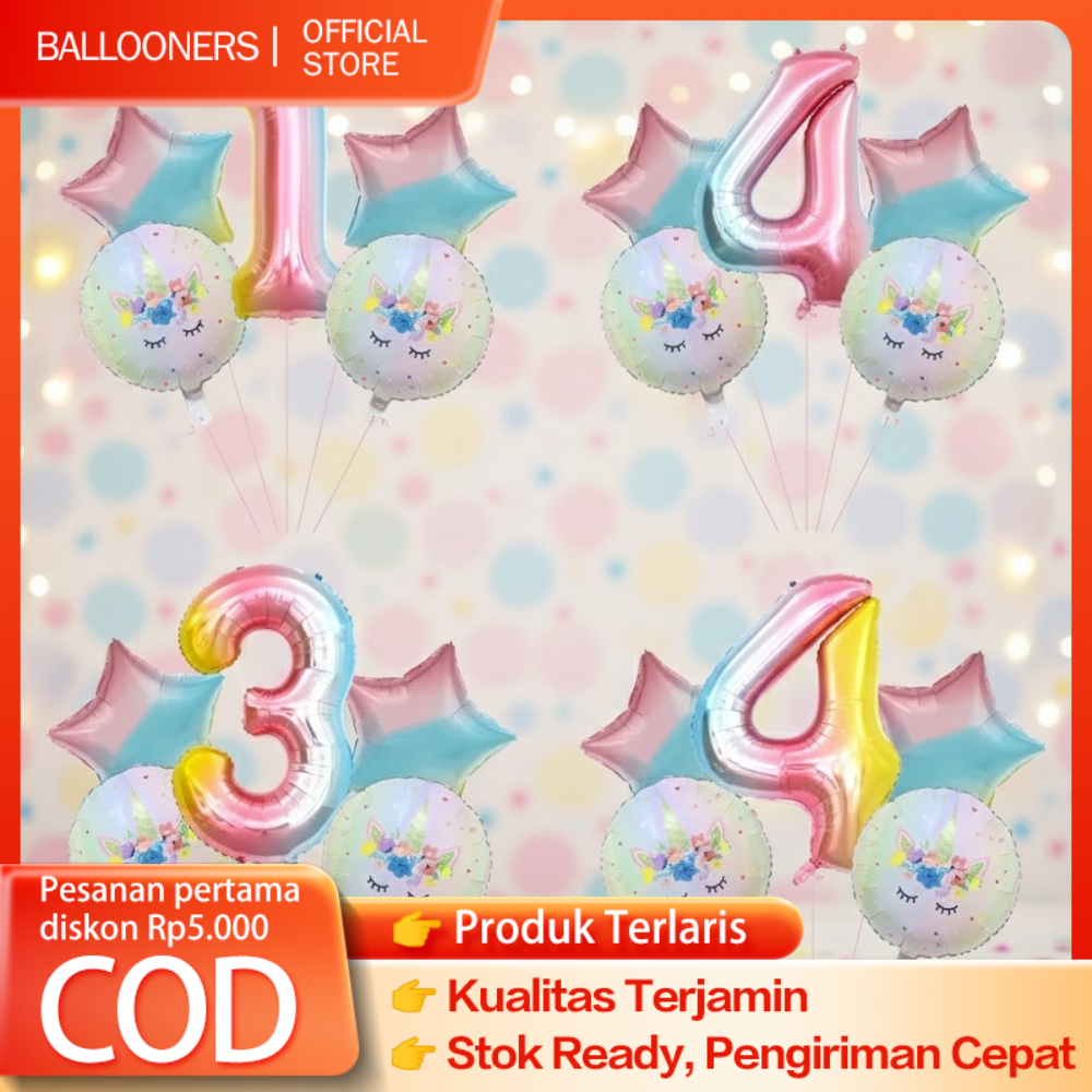 Balon Paket Unicorn Lucu isi 5Pcs Balon Angka Jumbo Unicorn Gradasi Pelangi Dekorasi Ulang Tahun.