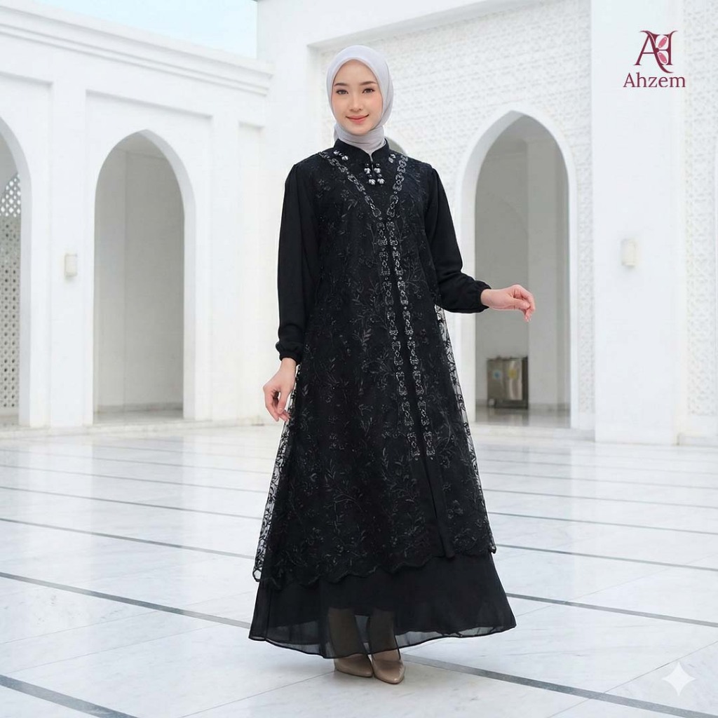 Ahzem Official - Gamis Brokat Lebaran Jamela Hitam Premium Dress Kondangan Baju Wanita Haji Umroh Bu