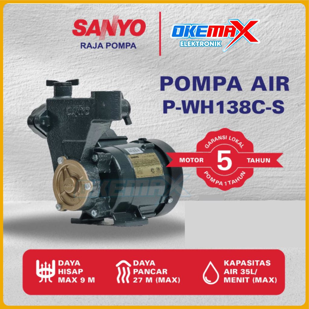 SANYO PWH 138 CS Mesin Pompa Air Sumur Dangkal Non Otomatis  P-WH138C-S