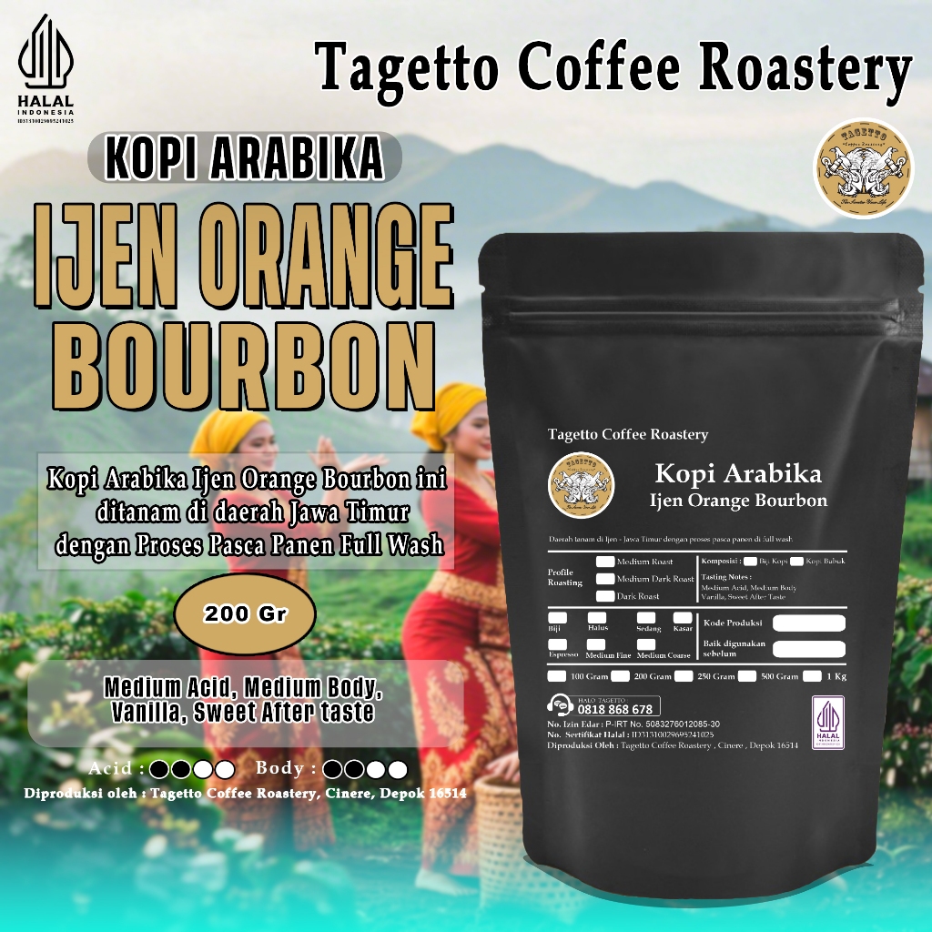 BIJI KOPI ARABIKA IJEN ORANGE BOURBON 200GR | ARABICA BEAN GROUND BUBUK 200 GRAM TAGETTO COFFEE