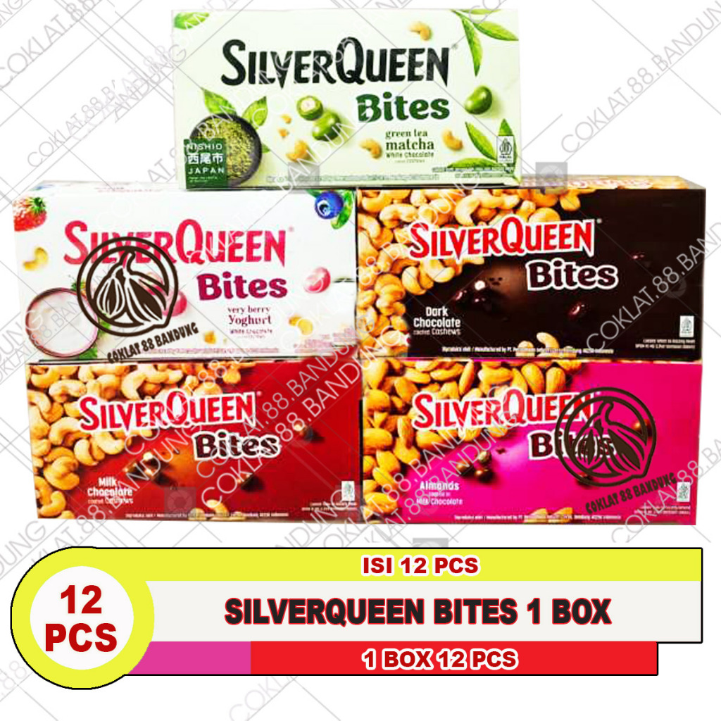 SilverQueen Bites 30gr 1 Box Isi 12pcs Cokelat Mix Rasa Mede Almond Dark Matcha Yogurt