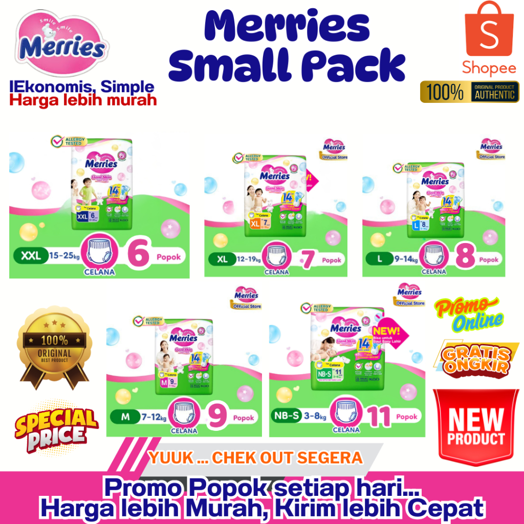 POPOK MERRIES GOOD SKIN SMALL PACK NBS 11/M9/L8/XL7/XXL6 - POPOK BAYI - POPOK SEKALI PAKAI