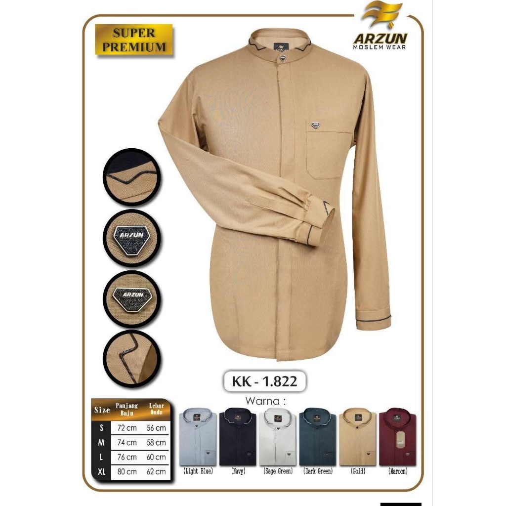 Baju Kemeja Koko ARZUN Premium Warna lengan pendek dan lengan panjang kode 1822 Motif Terbaru / BAJU