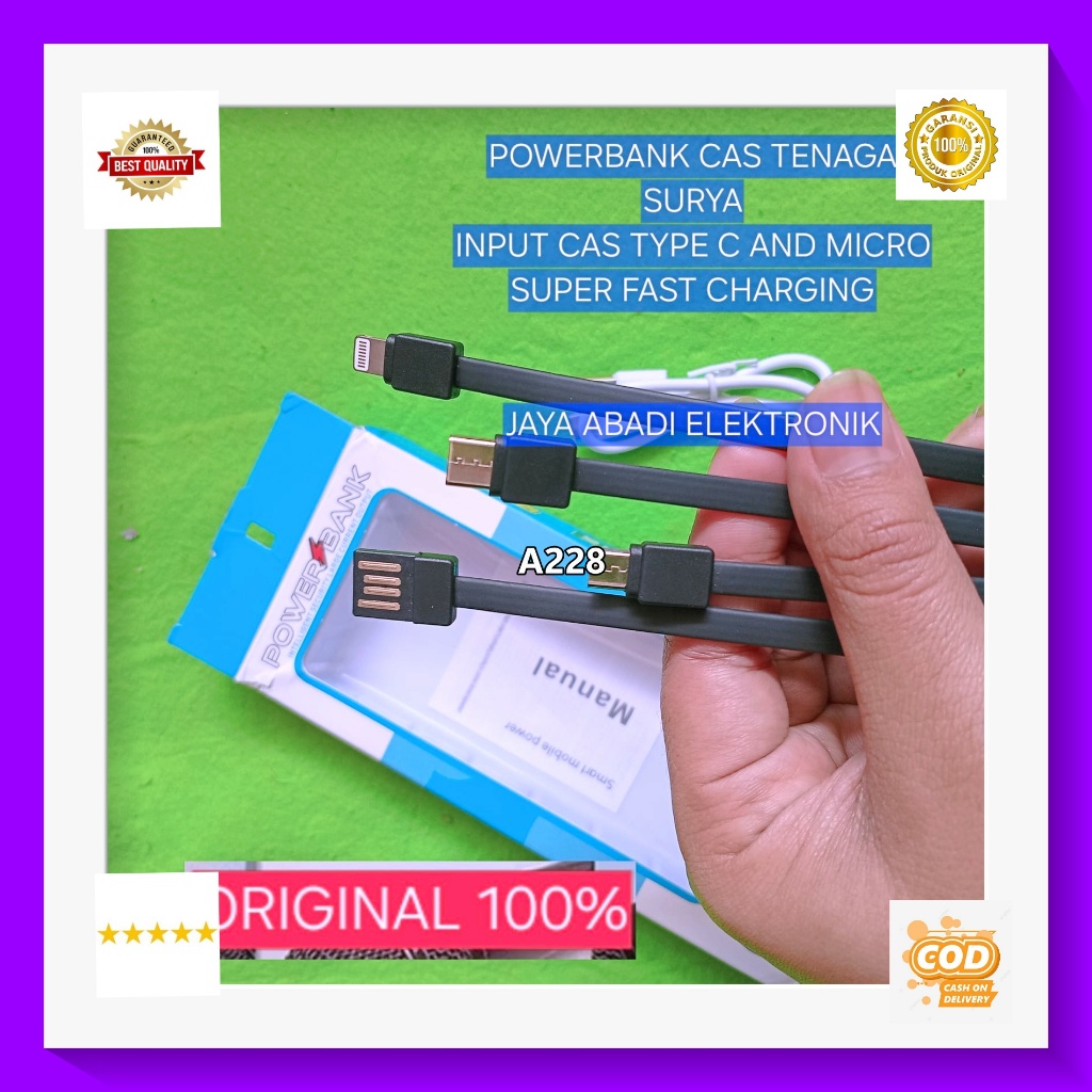 A228 CHARGER HP POWERBANK H100 POWERBANK SOLAR ORI 100% MATAHARI CAS TENAGA SURYA CAHAYA INPUT CAS T