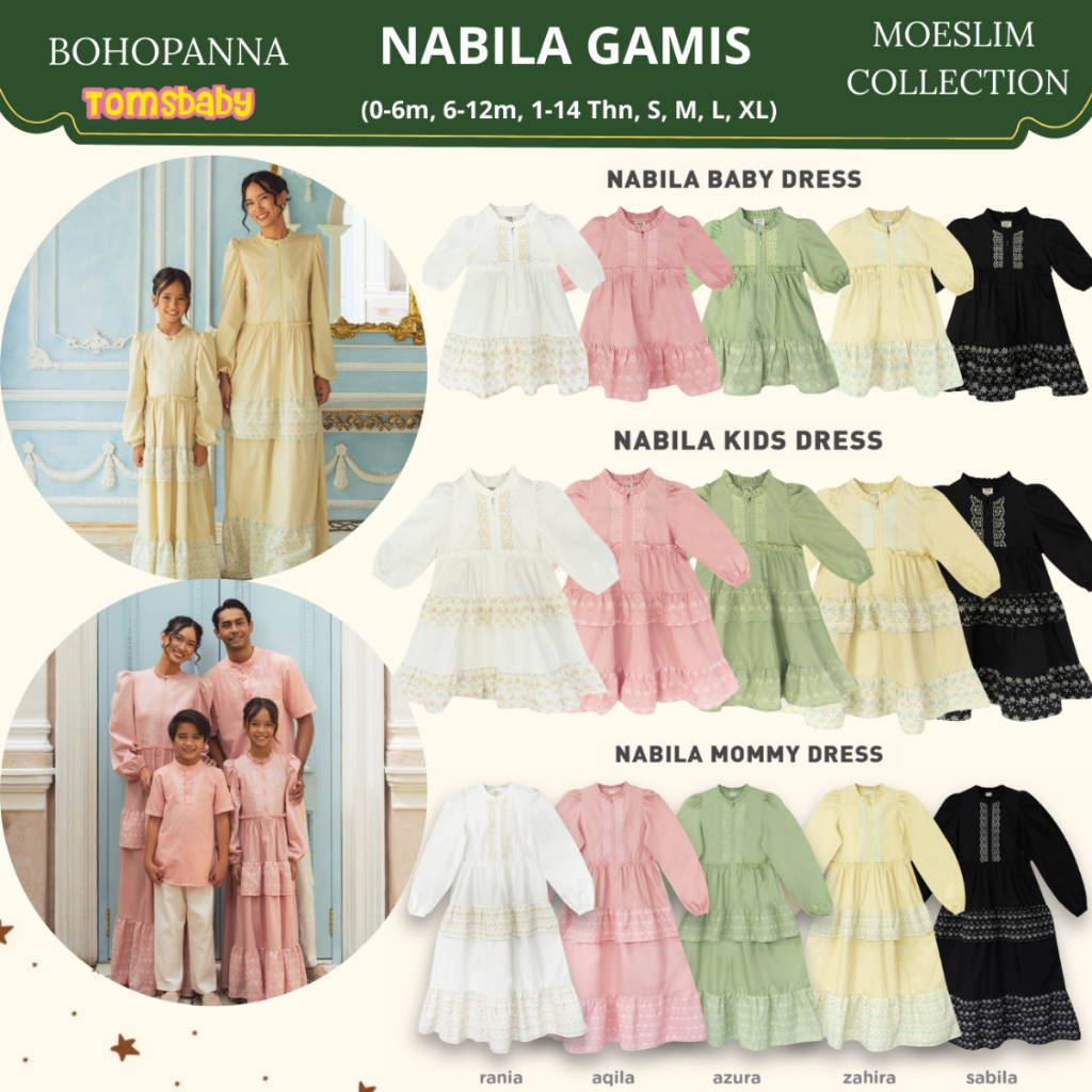 Gamis Sarimbit Bohopanna Set Nabila untuk Bayi, Anak, dan Ibu - Baju Muslim Lebaran 2026 Terbaru