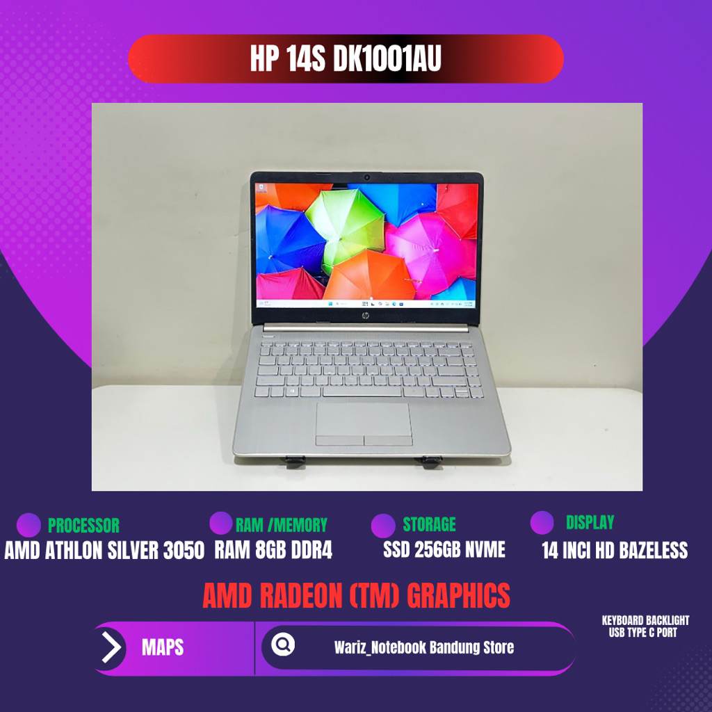 HP 14s DK1001AU AMD ATHLON SILVER 3050 RAM 8GB SSD 256GB 14inci HD Bazeless