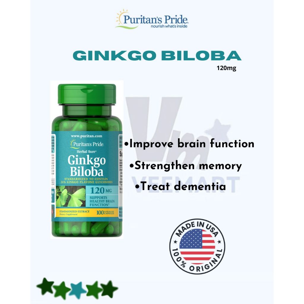 Puritan Ginkgo Biloba 120mg isi 100 Caplets untuk Meningkatkan Fungsi Otak