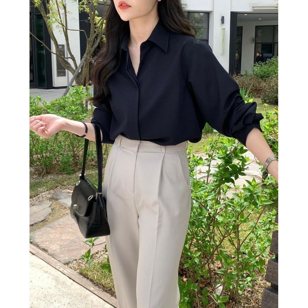 Kemeja Wanita / Kemeja Cewek Polos Warna Hitam Lengan Panjang Slimfit Hem Wanita Kasual Seragam Kerj
