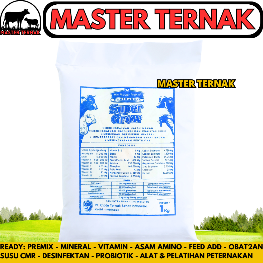 MIX MASTER PREMIX SUPER GROW 1KG - Premix Ternak Pemacu Pertumbuhan Penggemukan Sapi Kambing Kelinci