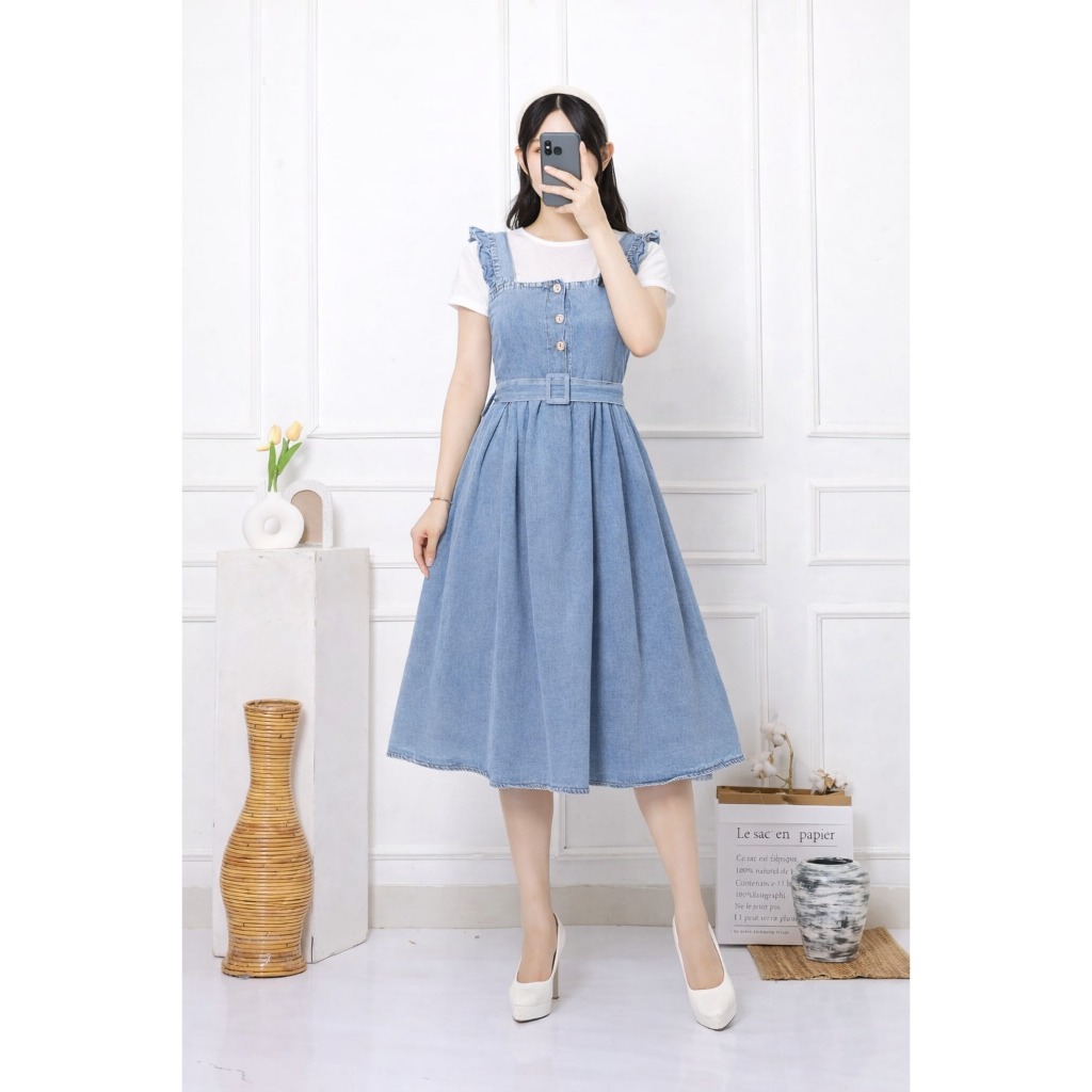 Dress Denim Ruffle Korea / Overall Jeans Midi 034