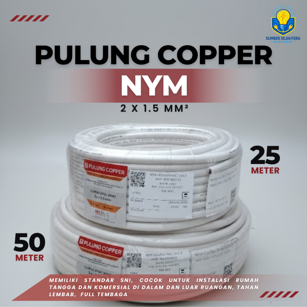 Kabel NYM 2x1.5 mm Tembaga Pulung Copper 25 Meter
